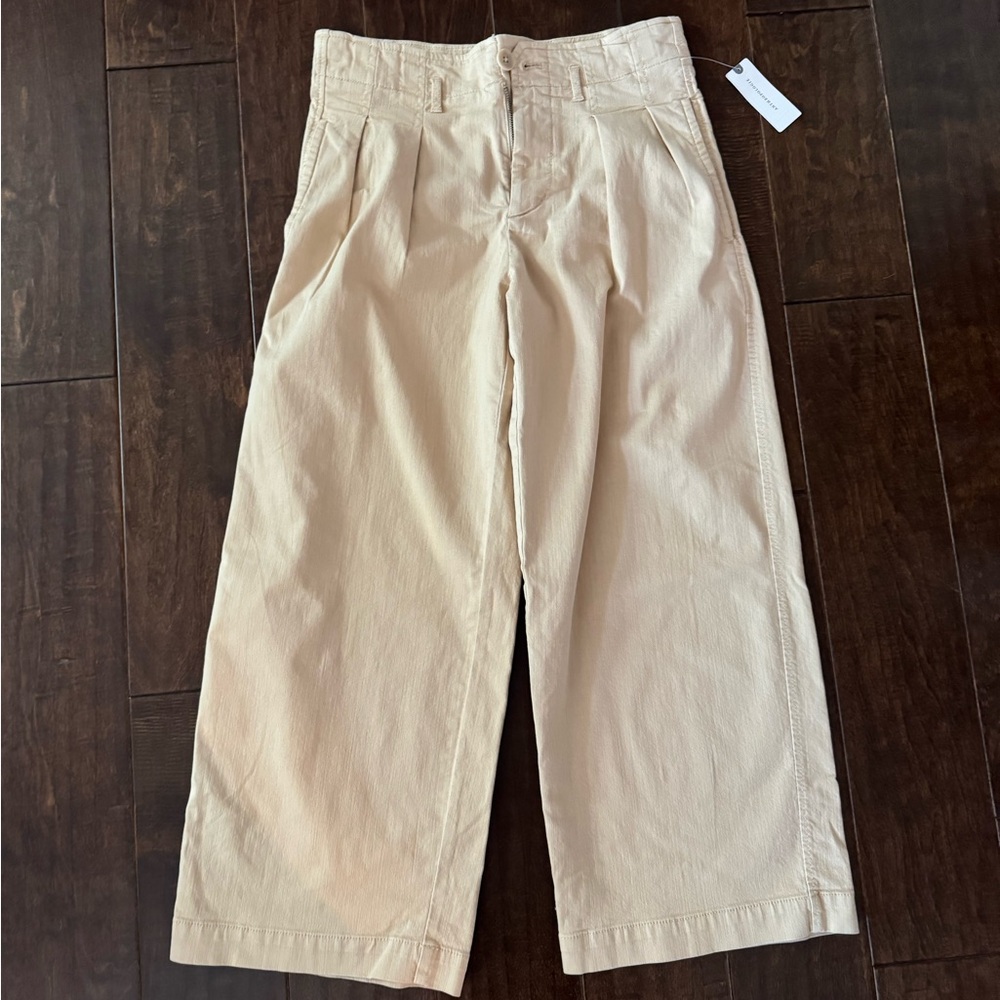 Anthropologie Maeve Remi Wide Leg Cropped Pleated Chino Pants Khaki Tan